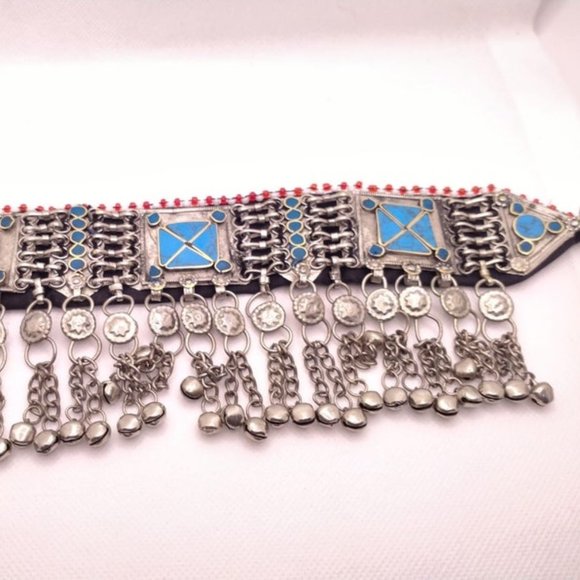 Turquoise Choker Necklace, Afghan Choker with Stones and Silver Beads, Kuchi - Picture 2 of 5